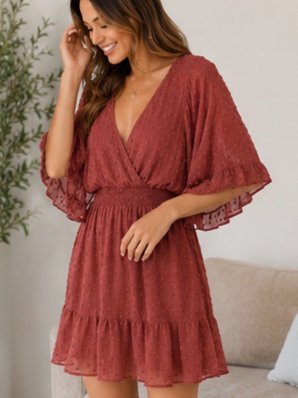 Peach Love California Boutique Rust Swiss Dot V-Neck Ruffle Mini Dress